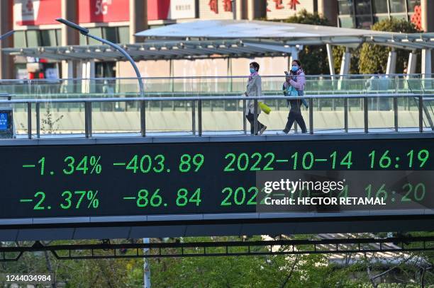 People walk across a bridge with a stocks indicator board in the financial district of Lujiazui in Shanghai on October 17, 2022.