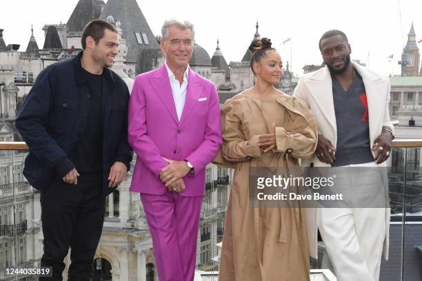 Noah Centineo, Pierce Brosnan, Quintessa Swindell and Aldis Hodge attend a photocall for "Black Adam" at The Corinthia Hotel London on October 17,...