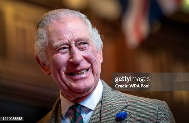 King Charles III visits Aberdeen Town House to meet families who have settled in Aberdeen from Afghanistan, Syria and Ukraine on October 17, 2022 in...