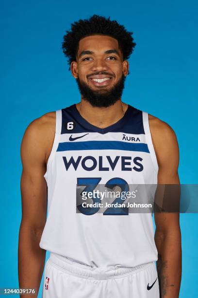 Karl Towns of the Minnesota Timberwolves poses for a head shot on October 15, 2022 at the Target Center in Minneapolis, Minnesota. NOTE TO USER: User...