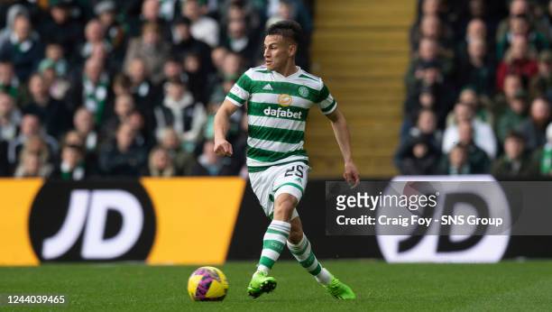 Alexandro Bernabei in action for Celtic during a cinch Premiership match between Celtic and Hibernian at Celtic Park, on October 15 in Glasgow,...