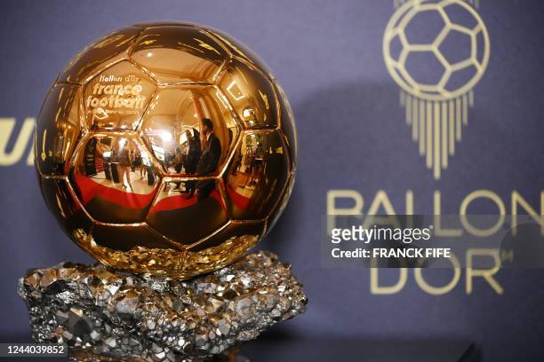 This picture taken on October 17, 2022 shows the trophy prior the 2022 Ballon d'Or France Football award ceremony at the Theatre du Chatelet in Paris.