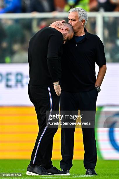 José Mourinho head coach of Roma kisses Dejan Stankovic head coach of Sampdoria prior to kick-off in the Serie A match between UC Sampdoria and AS...