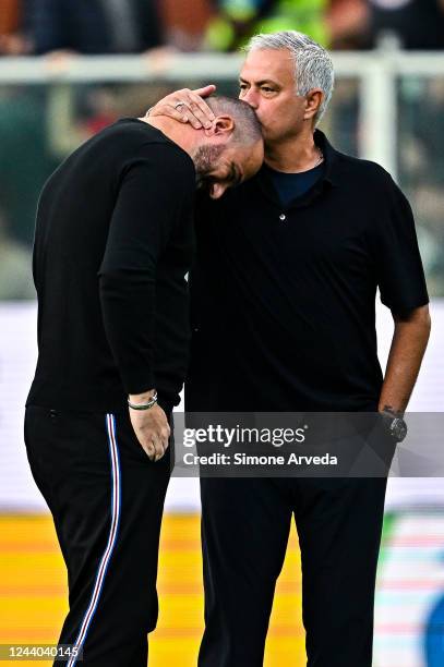 José Mourinho head coach of Roma kisses Dejan Stankovic head coach of Sampdoria prior to kick-off in the Serie A match between UC Sampdoria and AS...