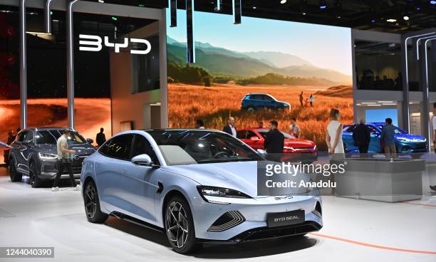 Chinese automaker BYD Seal on display during the Mondial de l'Automobile at the Porte de Versailles Exhibition Center in Paris, France on October 17,...