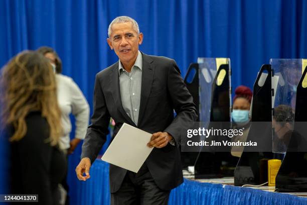 Former U.S. President Barack Obama goes to cast his vote at an early voting venue on October 17, 2022 in Chicago, Illinois. Obama intends to campaign...
