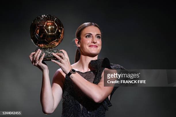 Barcelona's Spanish midfielder Alexia Putellas receives her second Woman Ballon d'Or award during the 2022 Ballon d'Or France Football award ceremony...