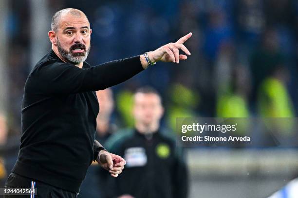 Dejan Stankovic head coach of Sampdoria reacts during the Serie A match between UC Sampdoria and AS Roma at Stadio Luigi Ferraris on October 17, 2022...