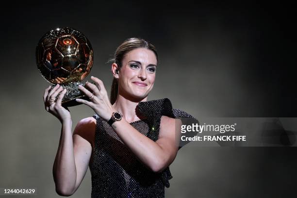 Barcelona's Spanish midfielder Alexia Putellas receives her second Woman Ballon d'Or award during the 2022 Ballon d'Or France Football award ceremony...