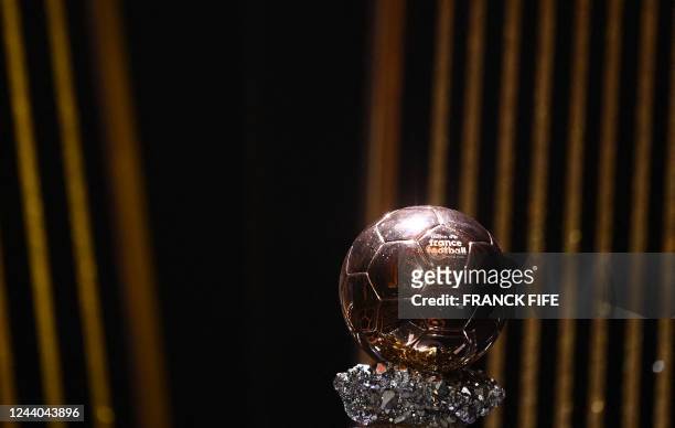 The Ballon d'Or trophy is displaced during the 2022 Ballon d'Or France Football award ceremony at the Theatre du Chatelet in Paris on October 17,...