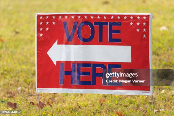 Sign is posted as voters turn out to cast their ballots as early voting begins on October 17, 2022 in Atlanta, Georgia. Early voting in Georgia runs...