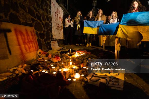 Ukranian youth activists protest at the Iranian embassy over the use of 'Kamikaze' drones after an attack early this morning on October 17, 2022 in...