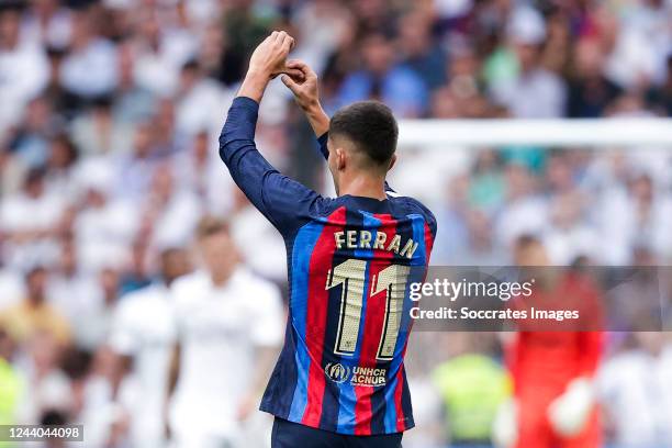 Ferran Torres of FC Barcelona celebrates goal 2-1 during the La Liga Santander match between Real Madrid v FC Barcelona at the Estadio Santiago...