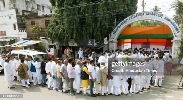 Congress leaders standing in queue to cast their votes for party's Presidential election at Sadaquat Ashram on October 17, 2022 in Patna, India.