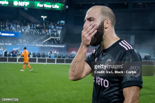 Gonzalo Higuaín of Inter Miami reacts to losing the Eastern Conference Round One match in the Audi 2022 MLS Cup Playoff against New York City FC and...