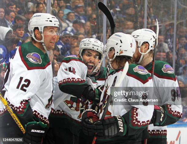 Shayne Gostisbehere of the Arizona Coyotes celebrates a goal against the Toronto Maple Leafs during an NHL game at Scotiabank Arena on October 17,...