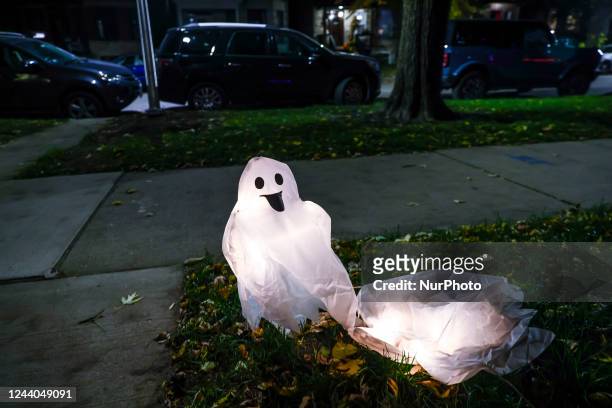 Halloween decorations outside a house in Lincoln Square area in Chicago, United States, on October 18, 2022.