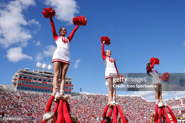 Indiana Hoosiers cheerleaders perform on the sideline during a college football game against the Michigan Wolverines on October 8, 2022 at Memorial...