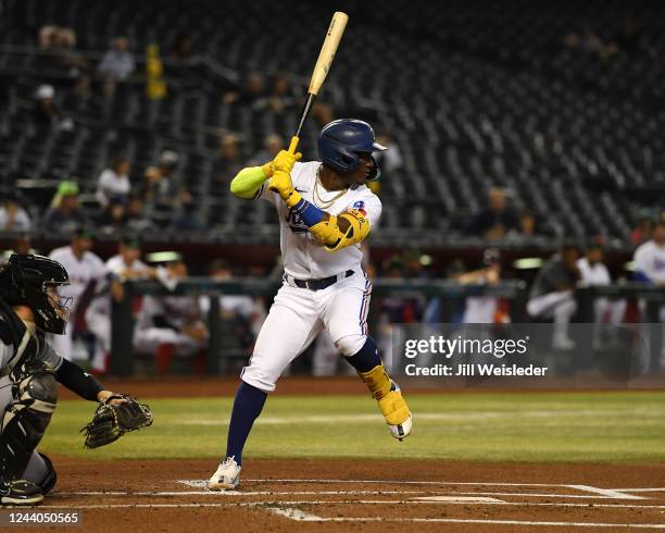 Luisangel Acuna of the Surprise Saguaros bats during the game between the Salt River Rafters and the Surprise Saguaros at Chase Field on Saturday,...