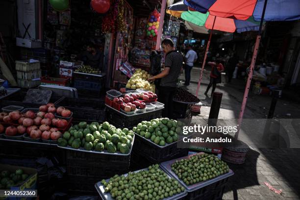 Fresh fruits are seen at the bazaar of Ez-Zaviye as daily life continues in Gaza City, Gaza on October 18, 2022.