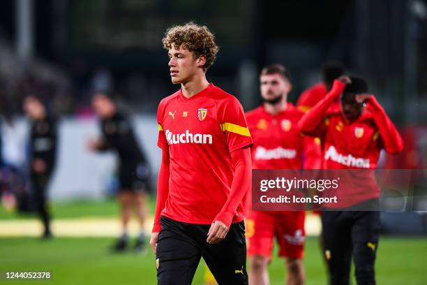 Adrien LOUVEAU during the Ligue 1 Uber Eats match between RC Lens and Montpellier Herault SC at Stade Bollaert-Delelis on October 15, 2022 in Lens,...