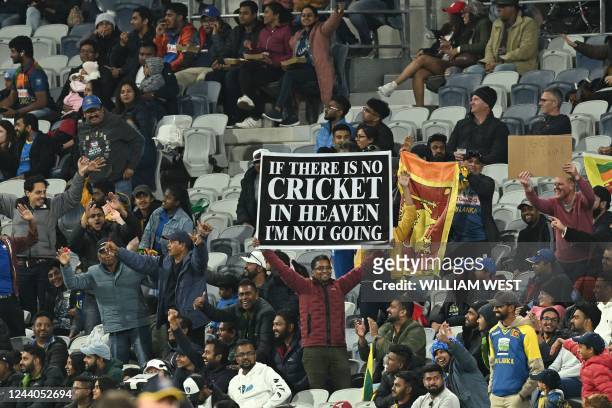 Spectators cheer during the ICC mens Twenty20 World Cup 2022 cricket match between Sri Lanka and United Arab Emirates at Kardinia Park in Geelong on...