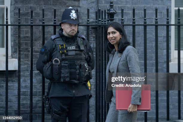 Suella Braverman, UK home secretary, arriving at 10 Downing Street to attend a Cabinet meeting discussing the u-turn on the energy crisis, after...