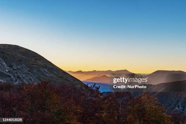 General view of the autumn sunrise on Mount Terminillo in Rieti, 18 October 2022.