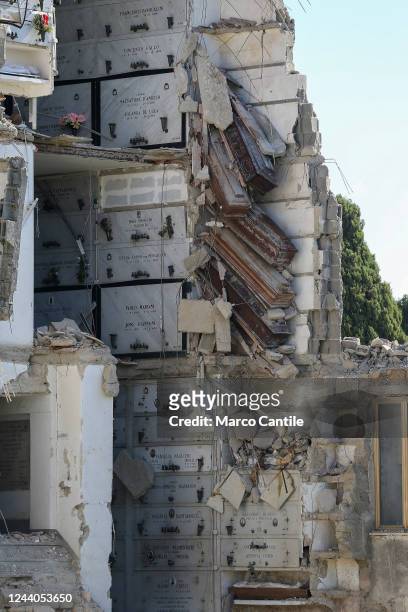 View of the partially collapsed building inside the Poggioreale cemetery in Naples, with the coffins suspended in the void. The cemetery was closed...