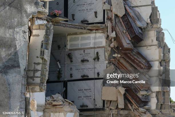 View of the partially collapsed building inside the Poggioreale cemetery in Naples, with the coffins suspended in the void. The cemetery was closed...