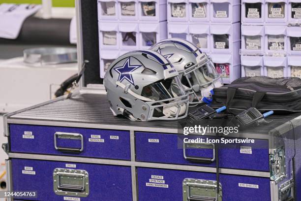 Dallas Cowboys helmets sit on a cart during the game between the Dallas Cowboys and the Philadelphia Eagles on October 16, 2022 at Lincoln Financial...