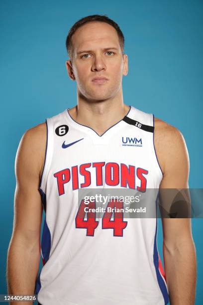 Bojan Bogdanovic of the Detroit Pistons poses for a head shot during theNBA Media Day at Detroit Pistons Practice Facility on October 10, 2022 in...