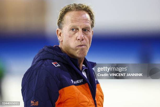 Dutch national speed skating team's coach Rintje Ritsma looks on during the first joint training for the team pursuit, in Heerenveen, on October 18,...