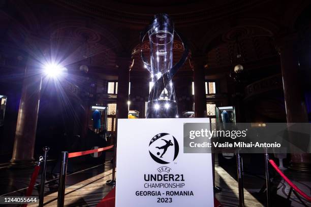 The Under 21 Euro Tournament trophy is seen during the 2023 UEFA European Under-21 Championship Final Tournament draw at Romanian Athenaeum on...