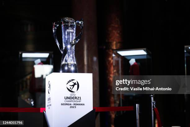 The Under 21 Euro Tournament trophy is seen during the 2023 UEFA European Under-21 Championship Final Tournament draw at Romanian Athenaeum on...