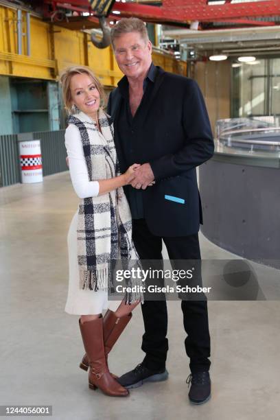 David Hasselhoff and his wife Hayley Roberts attend his Tour 2023 press lunch at WACA Restaurant Motorworld Munich on October 18, 2022 in Munich,...