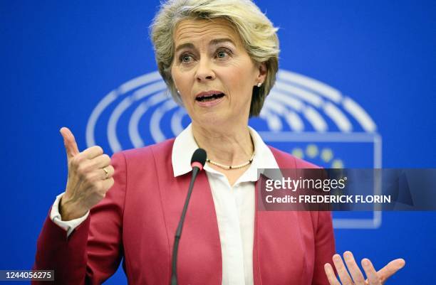 European Commission President Ursula von der Leyen speaks during a press conference on a new package of measures to address high energy prices and...