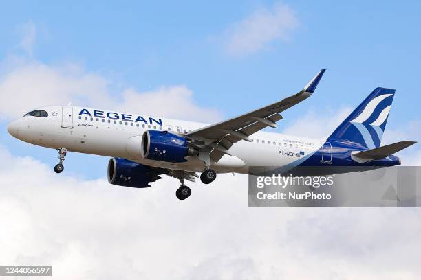 Aegean Airlines Airbus A320NEO aircraft as seen on final approach flying over the houses of Myrtle avenue in London, a famous location for plane...