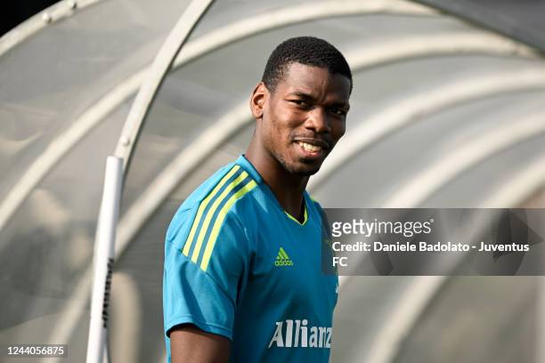 Paul Pogba of Juventus during a training session at JTC on October 18, 2022 in Turin, Italy.
