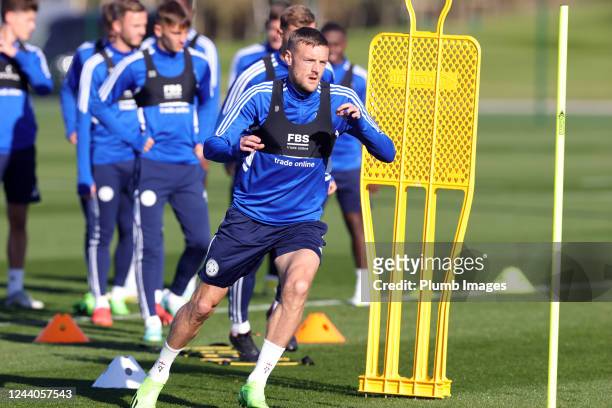 Jamie Vardy of Leicester City during the Leicester City training session at Leicester City Training Ground, Seagrave on October 18, 2022 in...