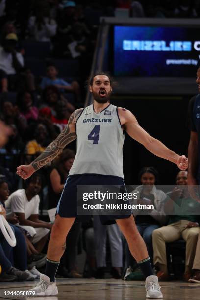 Steven Adams of the Memphis Grizzlies celebrates during an open practice on October 9, 2022 at FedExForum in Memphis, Tennessee. NOTE TO USER: User...