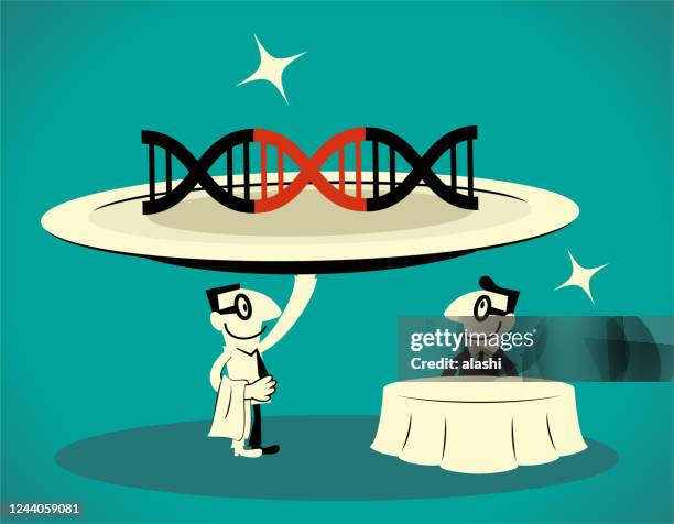 顧客に遺伝子組み換え食品を提供するウェイター, 遺伝子工学, gmoと遺伝子操作の概念 - 遺伝子組み換え点のイラスト素材／クリップアート素材／マンガ素材／アイコン素材
