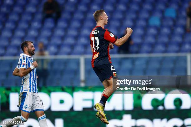 Albert Gudmundsson of Genoa CFC celebrates after scoring his team's first goal during the Coppa Italia match between Genoa CFC and Spal at Stadio...