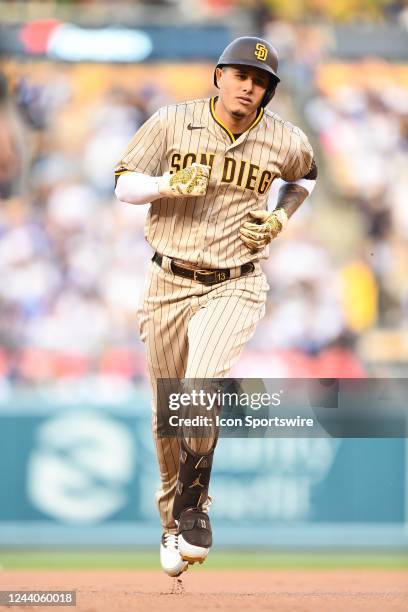 San Diego Padres third baseman Manny Machado circles the bases after hitting a solo home run during the NLDS Game 2 between the San Diego Padres and...