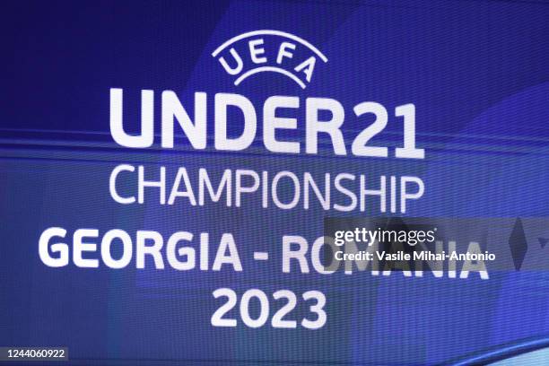 General view with the giant screen during the 2023 UEFA European Under-21 Championship Final Tournament draw at Romanian Athenaeum on October 18,...