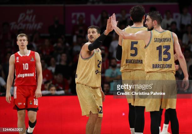 Nicolas Laprovittola, #20 of FC Barcelona celebrates with Tomas Satoransky, #13 of FC Barcelona during the 2022/2023 Turkish Airlines EuroLeague...