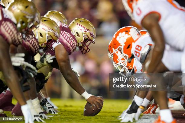 Florida State Seminoles and Clemson Tigers line up during the Clemson Tigers game against the Florida State Seminoles on October 15 at Doak Campbell...