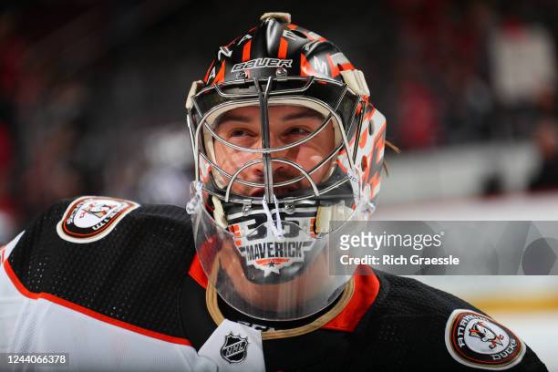 Anaheim Ducks goaltender John Gibson on the ice during warm up prior to the game against the New Jersey Devils on October 18, 2022 at the Prudential...