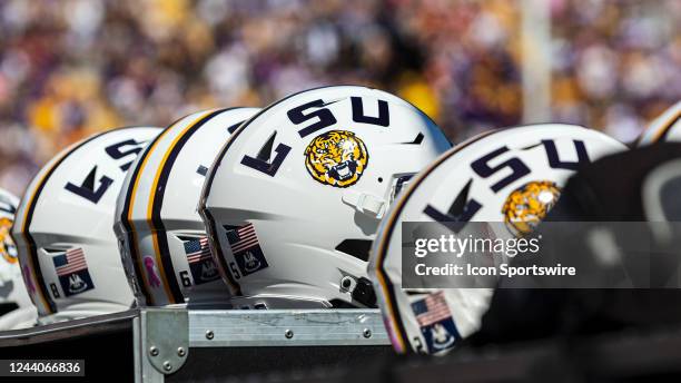 Football helmet rests on the sideline during a game between the LSU Tigers and the Tennessee Volunteers at Tiger Stadium in Baton Rouge, Louisiana on...