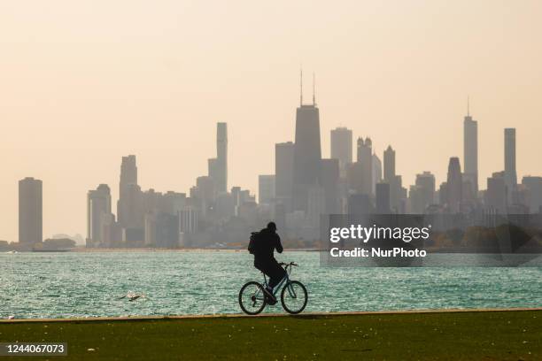 View from Montrose Harbor over Lake Michigan and Chicago skyline. Chicago, Illinois, United States, on October 14, 2022.